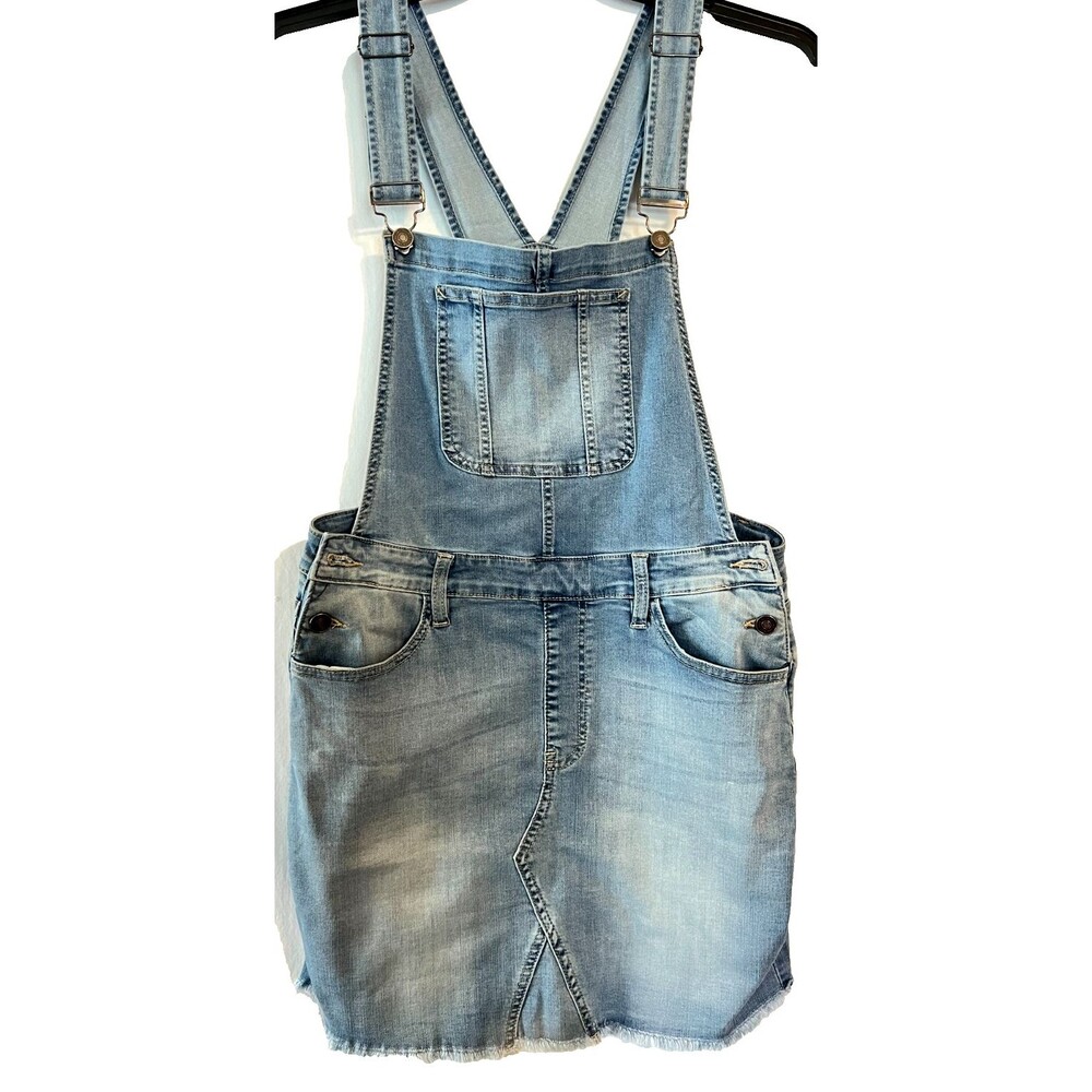 KanCan Womens Medium Wash Denim Overall Raw Hem Mini Dress Size Large